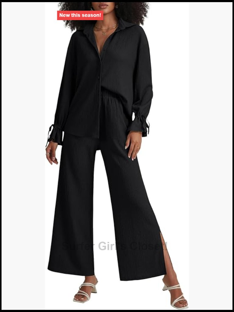 2 Piece Outfit Button Down Long Sleeve Shirt Wide Leg Pants Set